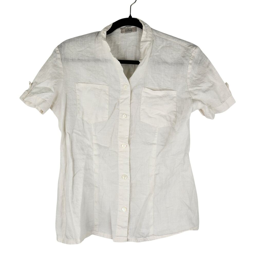 Oltre White Button Down 100% Linen Blouse Short Sleeve Women's Size 6 Minimalist